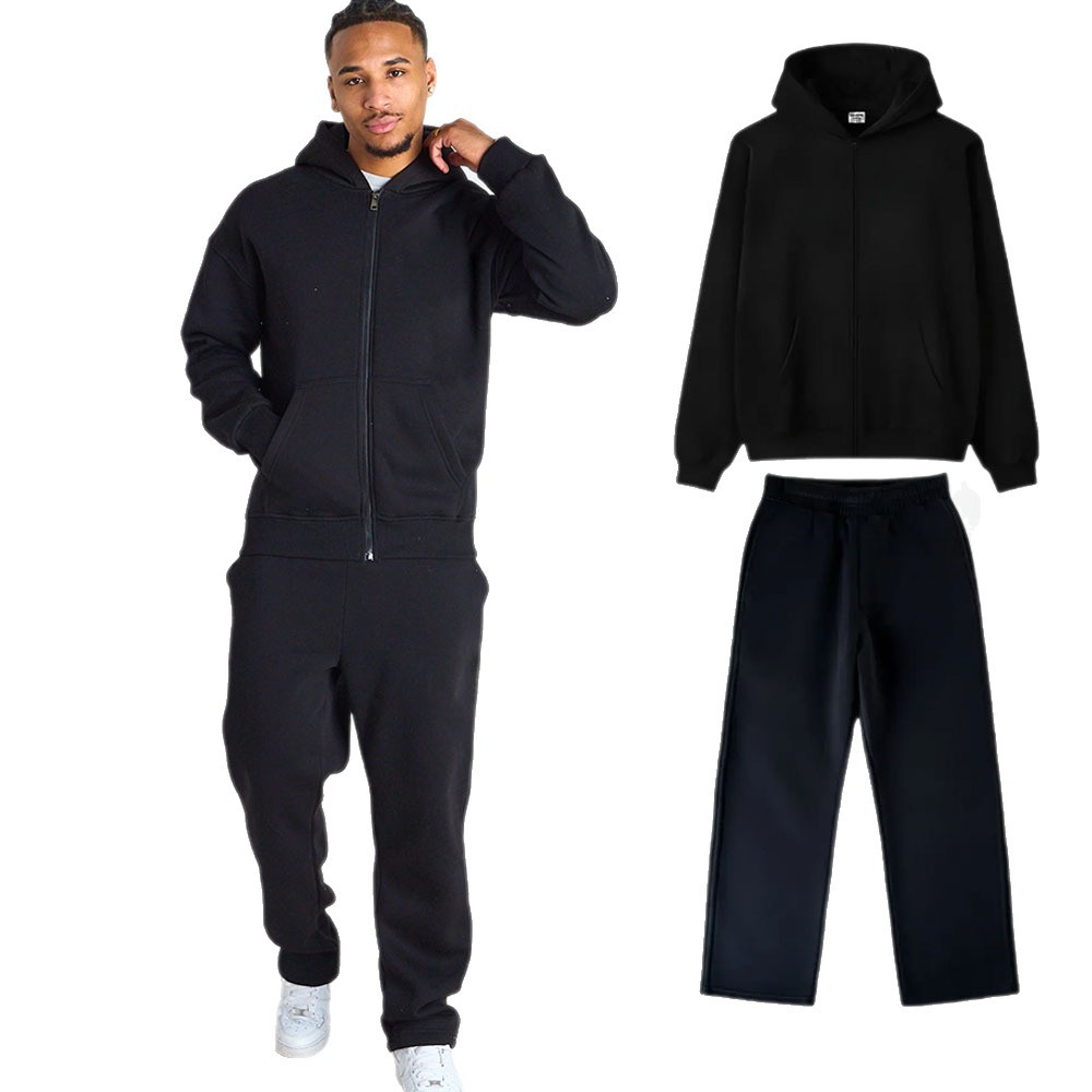 Men's zippered hooded sweatshirt and sweatpants set for cross-border trade, sporty and fashionable solid color men's hooded sweatshirt two-piece set