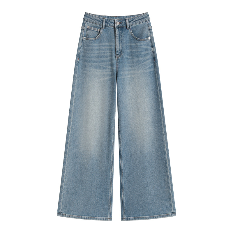 High-end washed spring laid-back wide-leg jeans with fashionable bag covers, light blue, simple and luxurious, retro high-waisted, slimming jeans