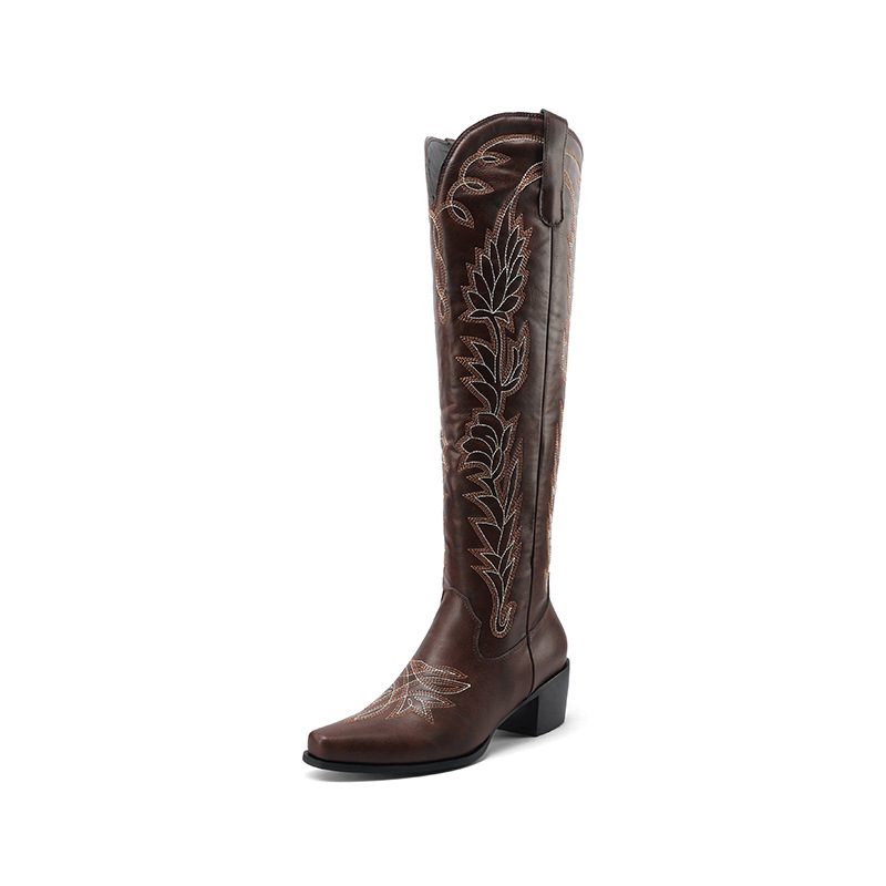 New Western boots, fashionable embroidered high-top knight boots, British women's boots, thick mid-heel boots, 40-43 large size export boots