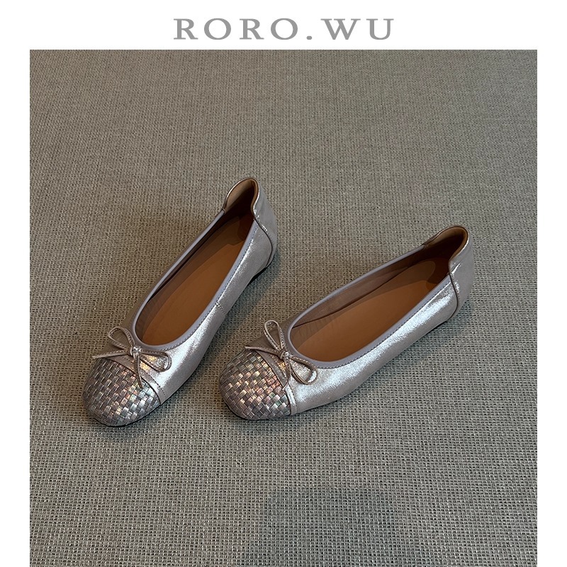 Women's 2025 New Style Genuine Leather Soft Sole Bow French Style Versatile Woven Flat Grandma Shoes Summer