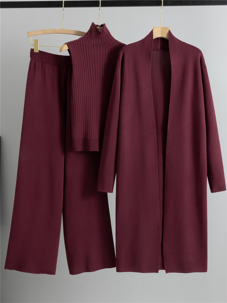 Cross-border foreign trade spring and Autumn fashion knitted set for women: long shawl cardigan + high-neck vest + wide-leg pants three-piece set