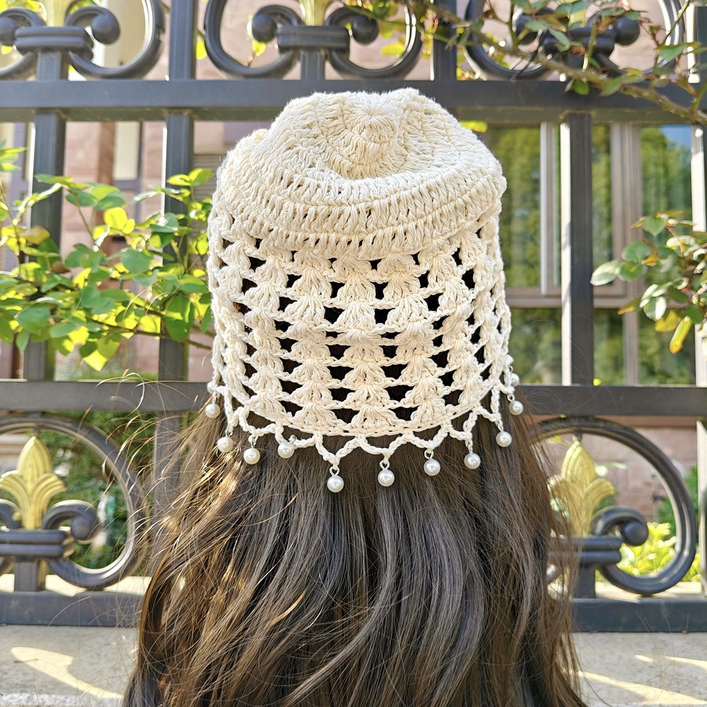 Handcrafted crocheted pearl pendant, hollowed-out pullover hat, retro ethnic style knitted headscarf, a perfect match for your face