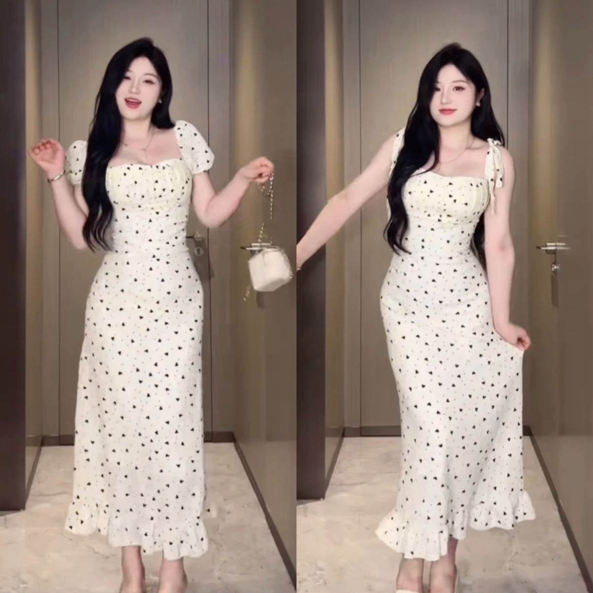 Relaxed vacation style polka dot dress for women, summer French style slip dress with a fitted waist