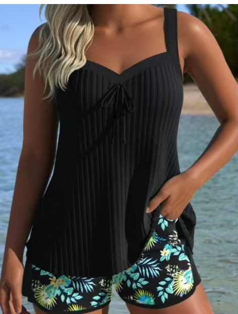 Cross-border European and American style fashionable two-piece swimsuit set, conservative shorts, sleeveless printed set, beach swimwear