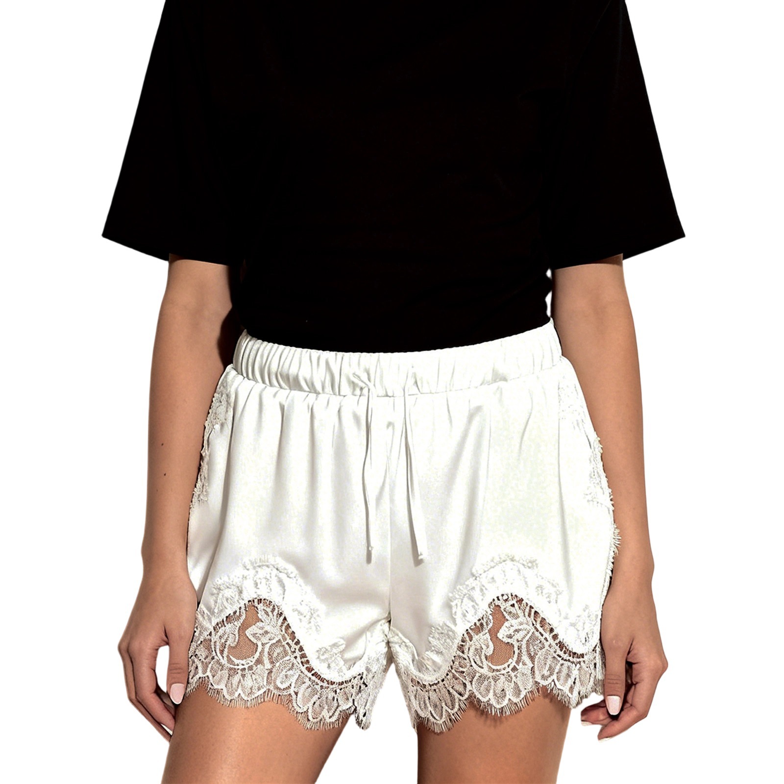 European and American cross-border lace patchwork polka dot satin short pants for women, fashionable and elegant casual pants with a new design sense
