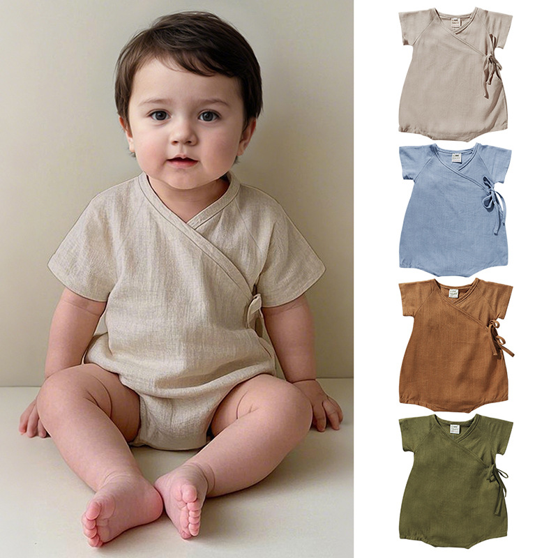 Summer cotton and linen baby romper, short-sleeved bodysuit, monk's outfit, ins style, cross-border e-commerce, newborn baby Japanese kimono