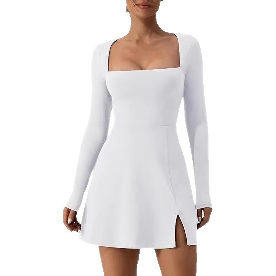 Hot-selling European and American style women's square neck corset, long-sleeved flared mini dress with slits, sexy beach vacation style.
