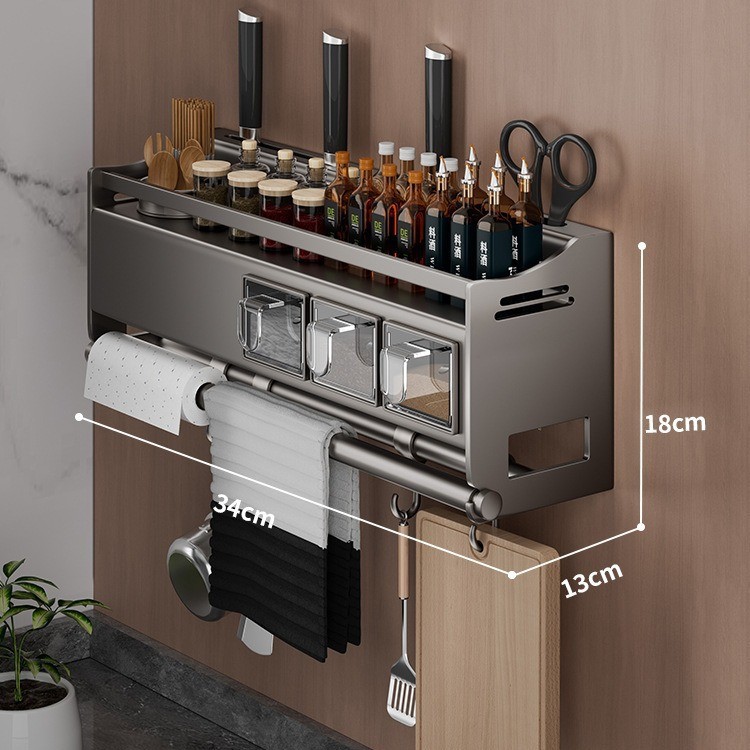 Household kitchen storage rack, wall-mounted spice rack, knife holder, chopsticks and spoon holder, cling film holder, no drilling required