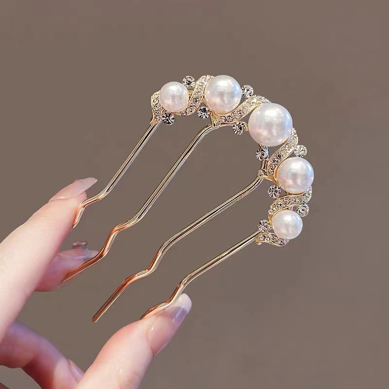 U-shaped gold pearl rhinestone wavy hair comb, elegant four-tooth bun, new Chinese style updo hairpin.