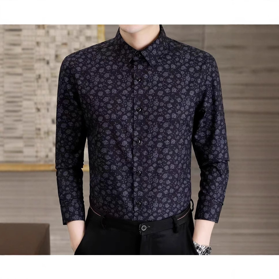High-end and fashionable men's wear with floral patterns in spring and autumn, large-sized, stylish, business and casual, high-end, no-iron long-sleeved shirts