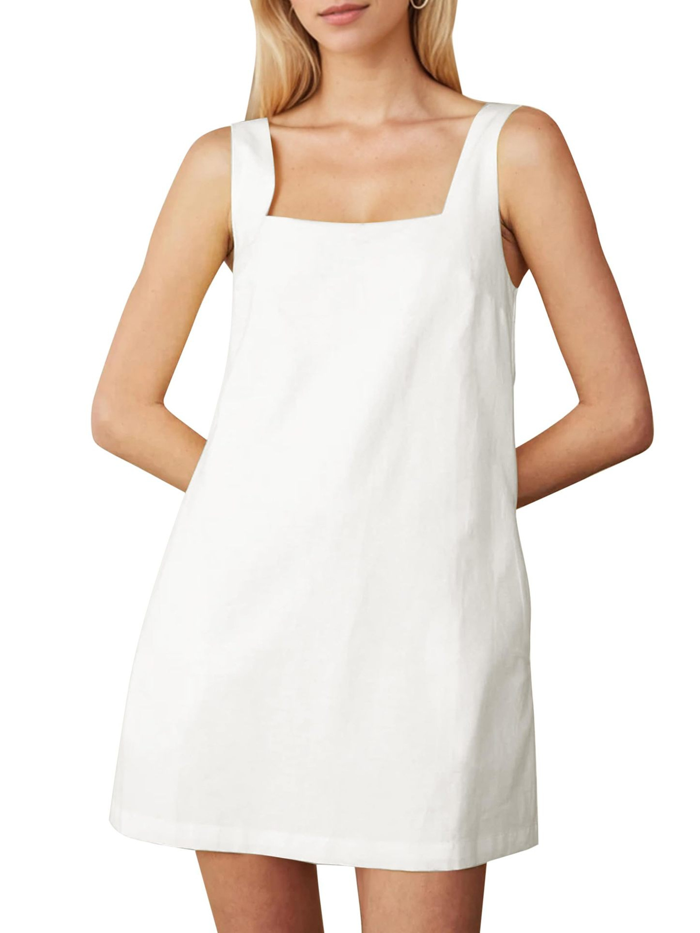 2025 Summer Women's Sleeveless Cotton Linen Mini Dress Casual Square Neck Backless Short Dress Solid Color Vest