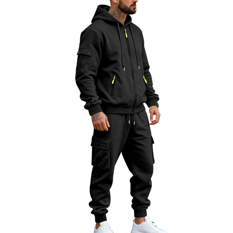 Cross-border fleece two-piece Amazon winter hooded set Men's fashion new hooded men's sportswear set