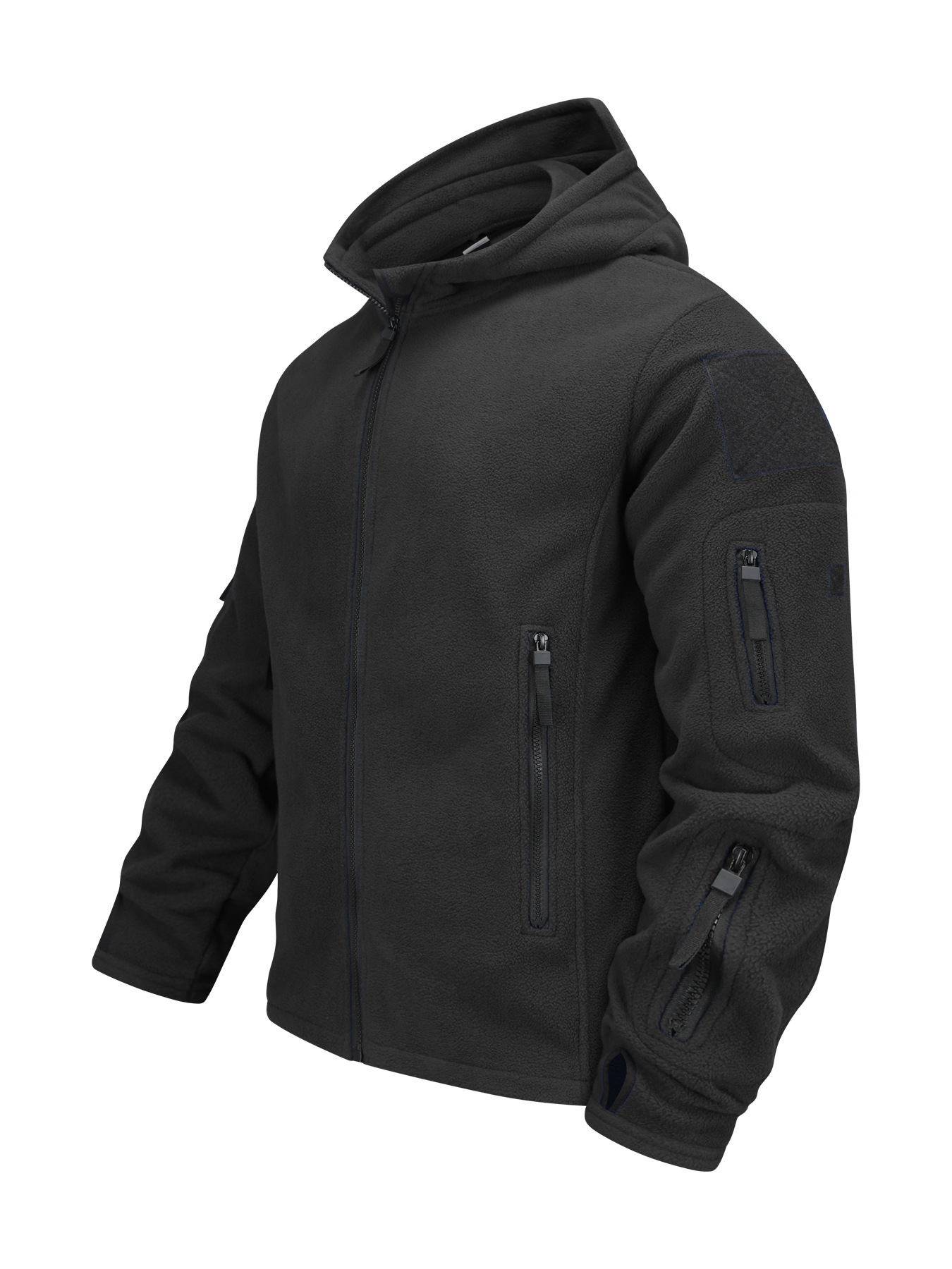 Men's outdoor fleece jacket with a hood and multiple pockets, polar fleece jacket, autumn and winter warmth tactical windbreaker inner liner