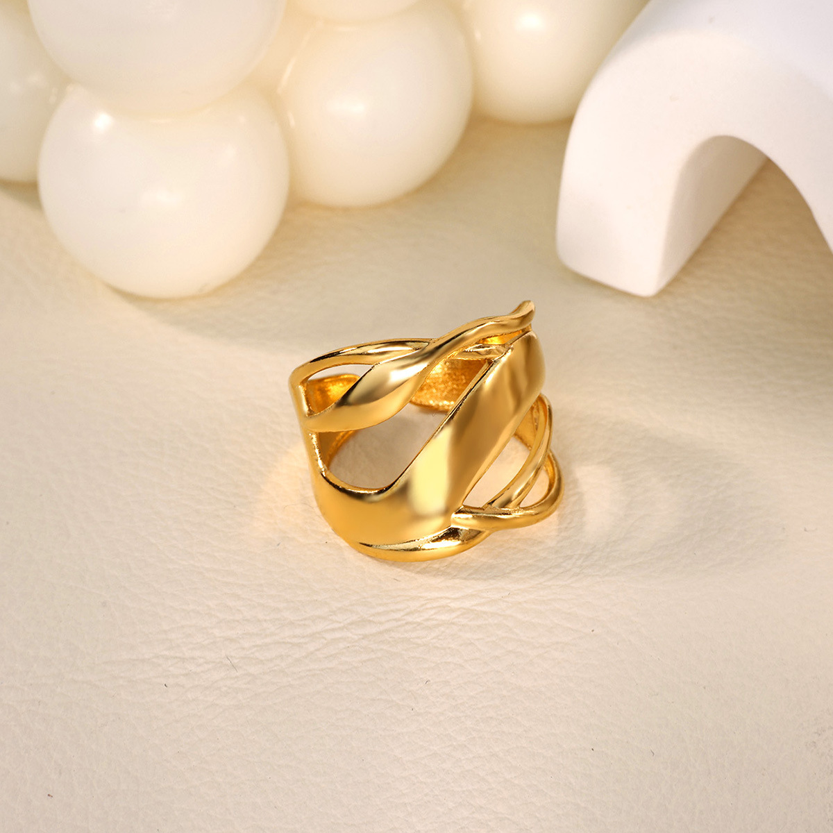 Popular geometric design ring, stainless steel, 18k gold plated, simple opening, adjustable metal style ring for women.