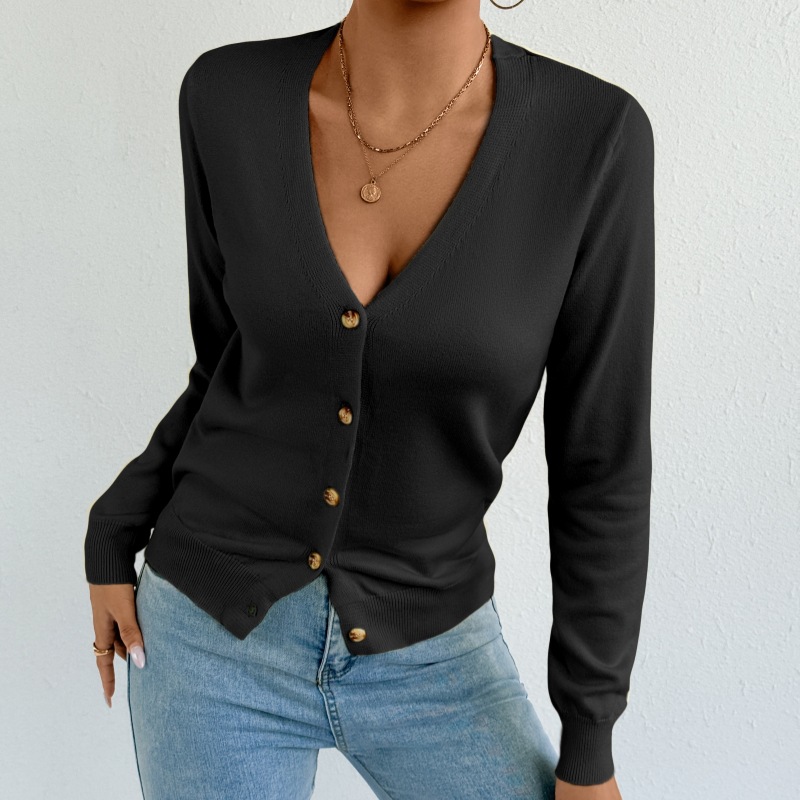 Cross-border V-neck single-breasted knitted cardigan women's solid color sweater coat autumn and winter new style lazy style loose top