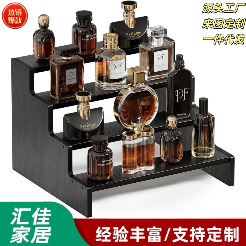 Factory direct stock of wooden perfume racks, tiered kitchen spice racks, cosmetic display racks, and perfume display shelves.
