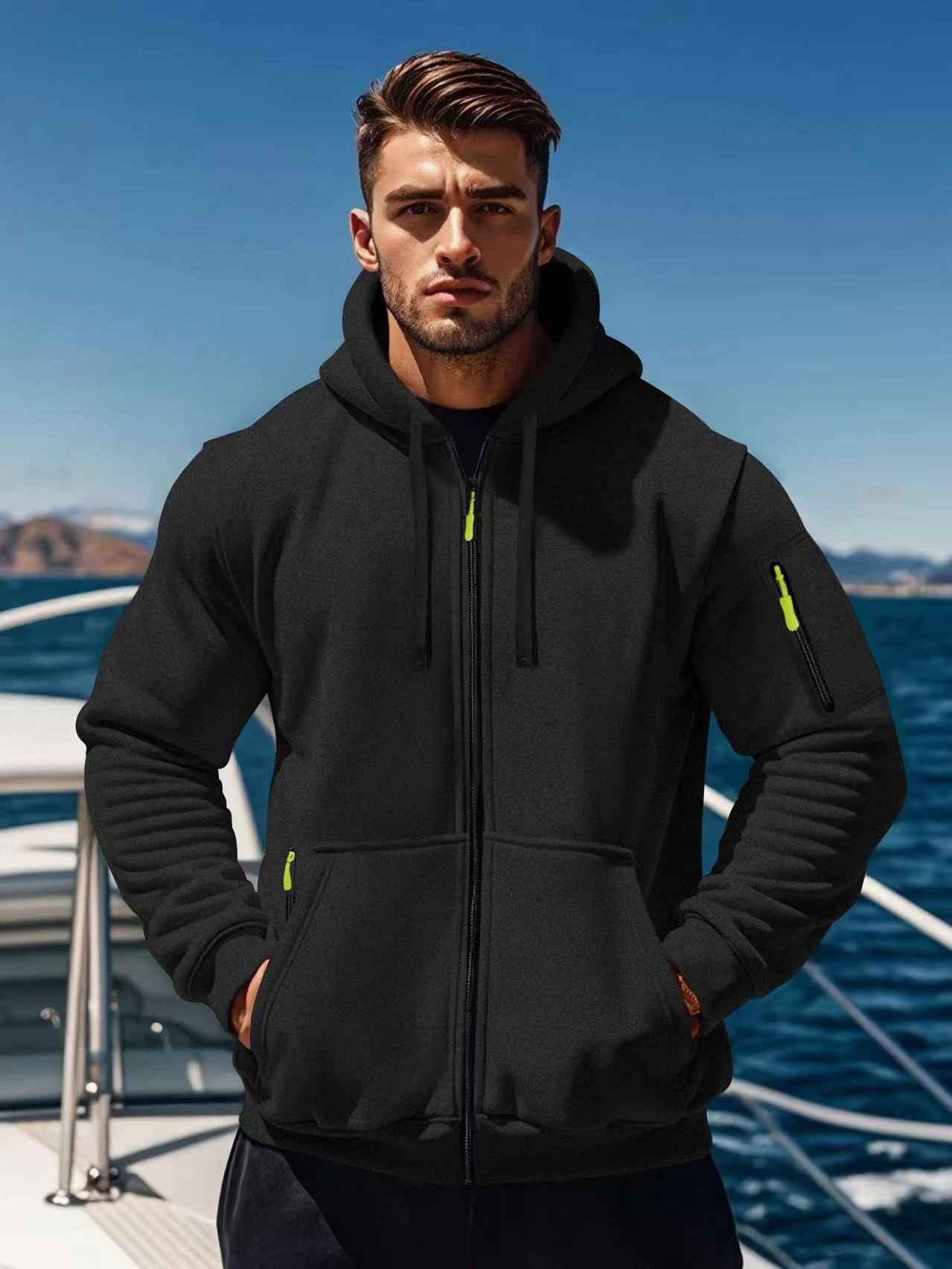 New cross-border men's trendy multi-pocket ribbon hooded sweatshirt, Amazon men's loose, casual and sporty hooded
