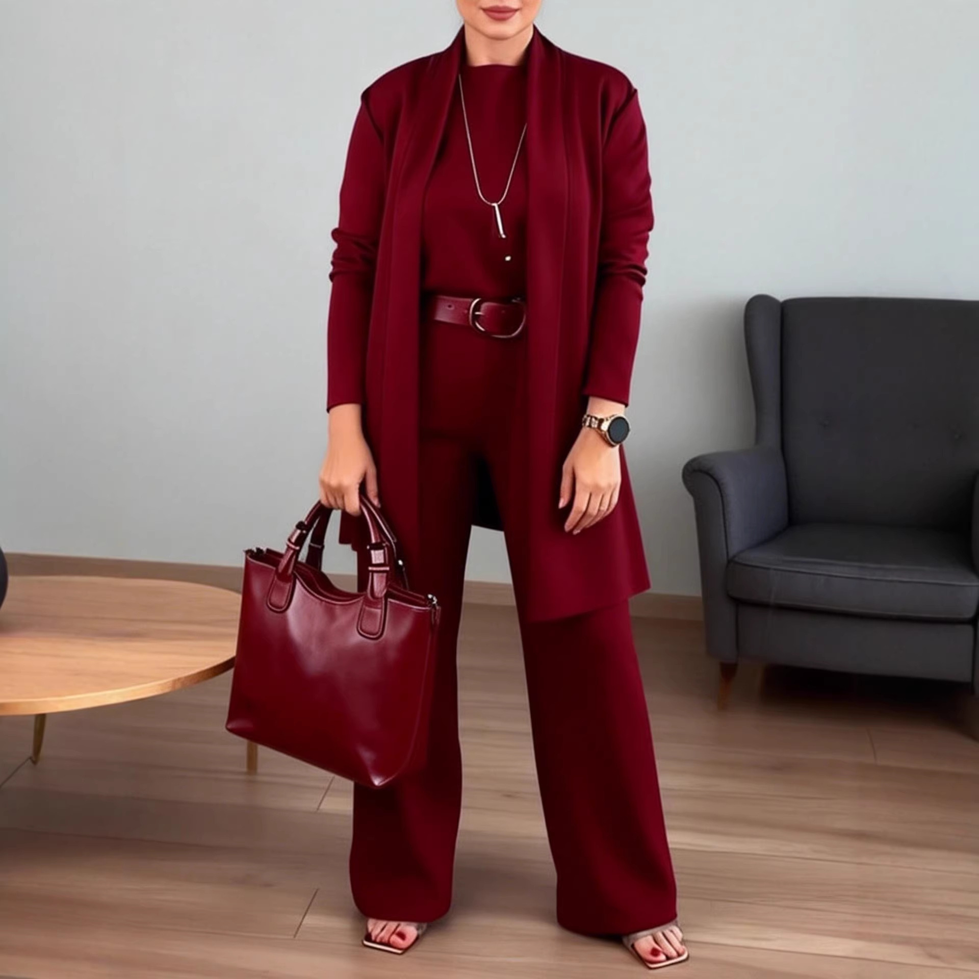 Spring/Autumn 2026 European and American cross-border Independent Station Fashion Women's round-neck short-sleeved, long pants, mid-length coat three-piece set