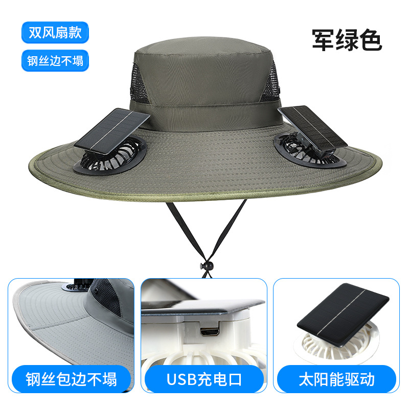 Solar-powered fan cap, sun protection hat, men's summer outdoor UV protection, large brim with fan, rechargeable fishing
