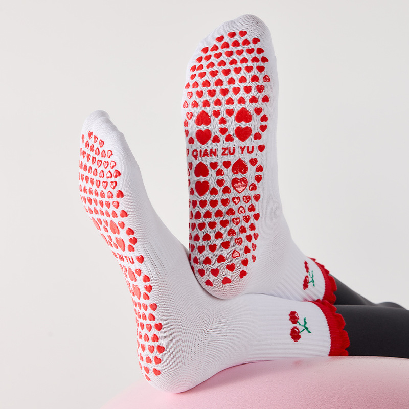 Women's yoga socks, mid-calf socks, glued non-slip, lace trim, cherry embroidery, professional training running Pilates socks