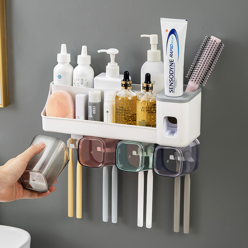 Children's bathroom toilet toothbrush holder, mouthwash cup, toothpaste dispenser, no-drill wall-mounted toothbrush holder set