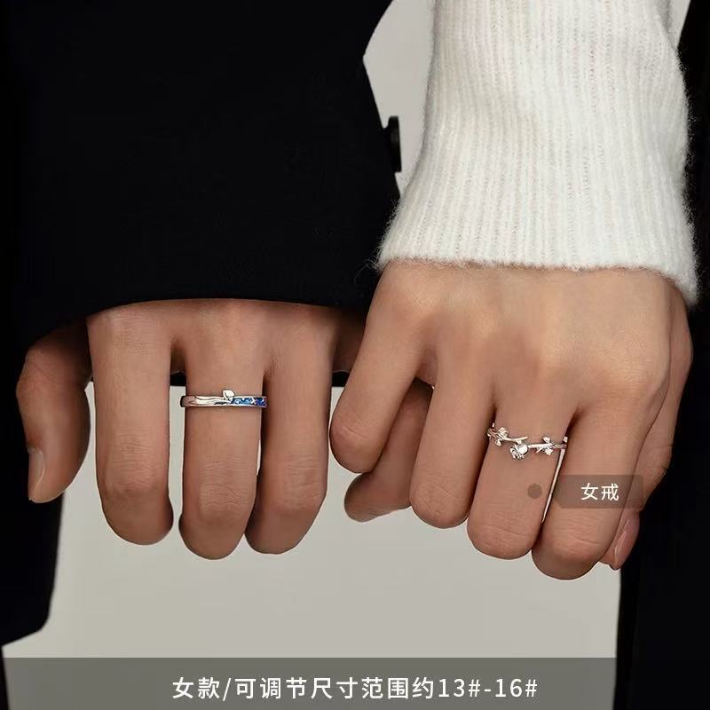 925 Sterling Silver Plated Little Prince and Rose Couple Rings, Plain Band, Unisex Index Finger Rings, High-End Open Bands