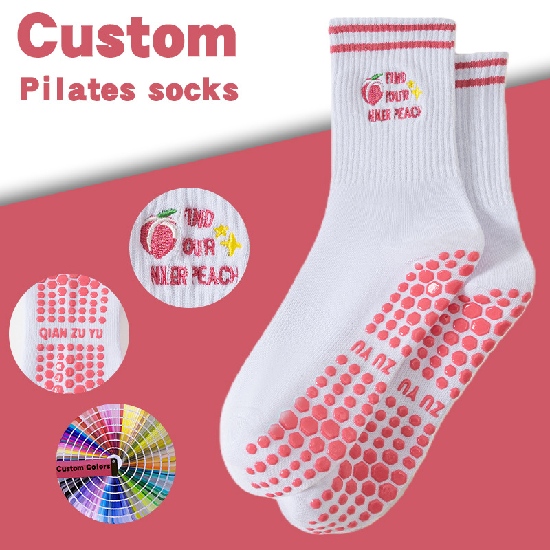 Women's mid-calf athletic yoga socks, embroidered pink bow, silicone professional non-slip training Pilates socks