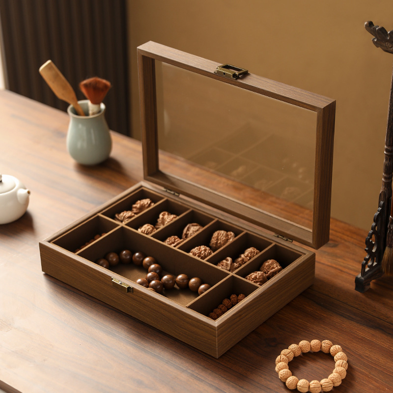 Walnut wood grain decorative walnut storage box, household bracelet, lion head dustproof Buddhist beads display, multi-layered compartments.