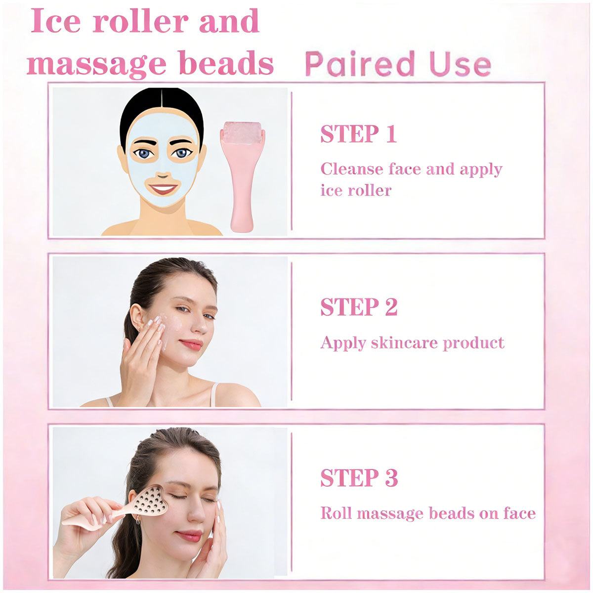 Factory direct sales of new 2-piece beauty set, pink stainless steel massage stick and ice roller combination massage tools.