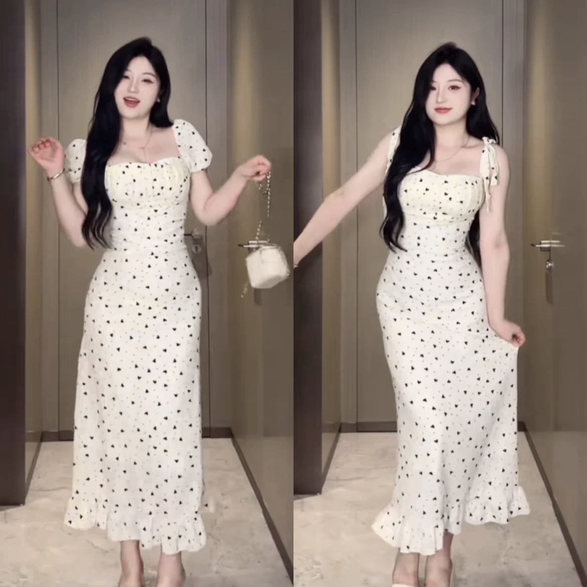 Early spring French-style floral dress, super pretty, sophisticated, stylish, heart-shaped, slimming and flattering...