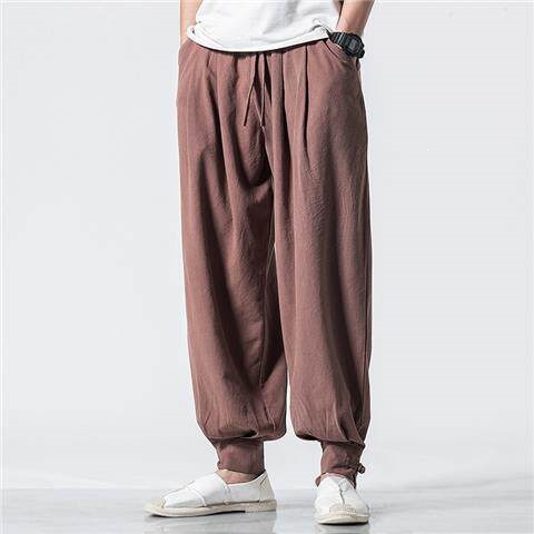 Summer thin breathable cotton linen ice silk sweat-absorbing loose-fitting monk's trousers, no binding, long trousers.