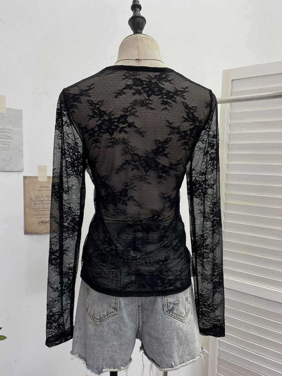 Real shot 2026 color-blocking sexy V-neck cross-twist lace top, fake two thin see-through mini tops 1269