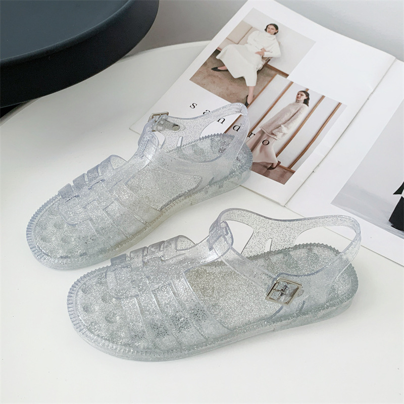 Helisha Summer Roman Sandals, Flat Transparent Beach Shoes, Fashionable Hollow-out Flat Heel Casual Sandals