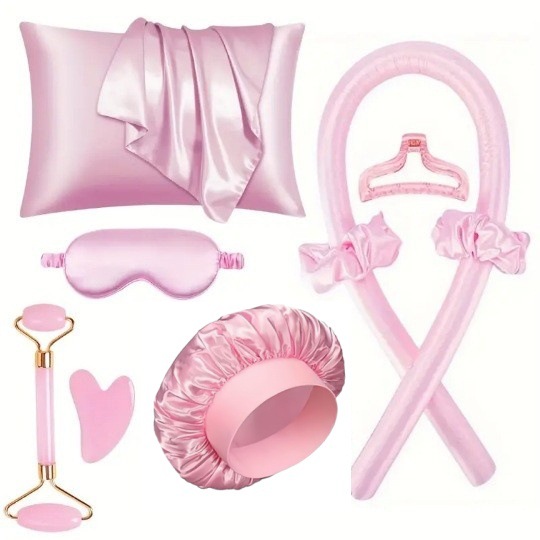 Cross-border e-commerce hot-selling set of heatless curling iron on Amazon, eye mask, shower cap, heatless and hair-friendly, single zipper pillow.
