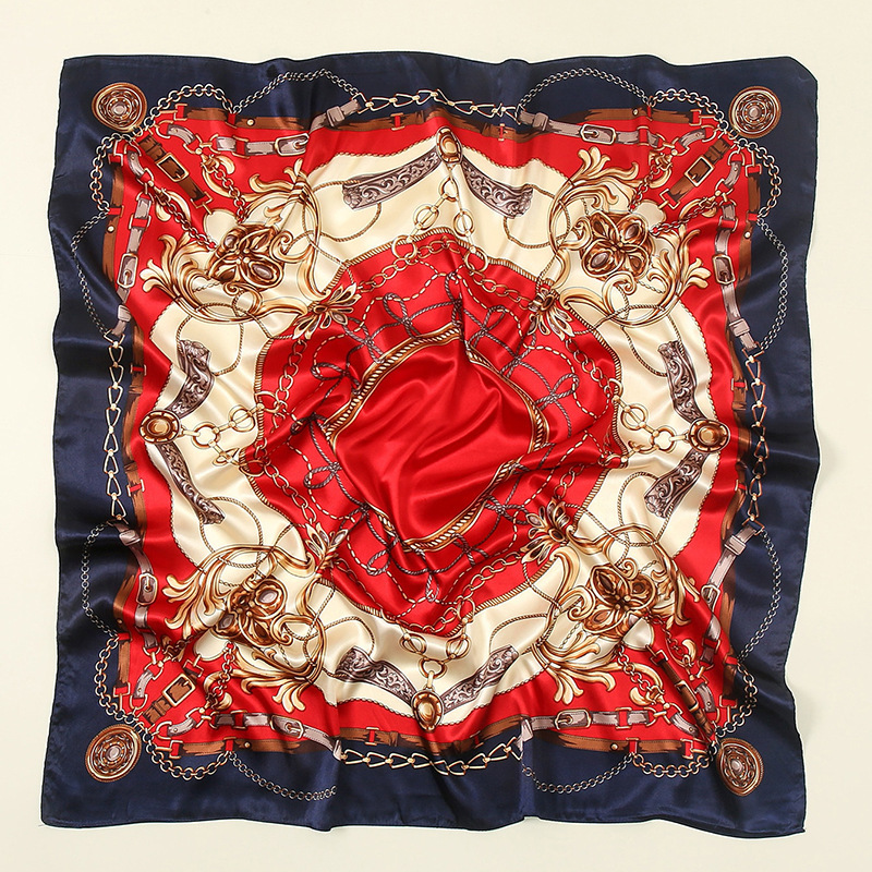 European and American style faux silk scarf for women, 90cm large square scarf, retro horsebit headscarf and shawl, dual-purpose