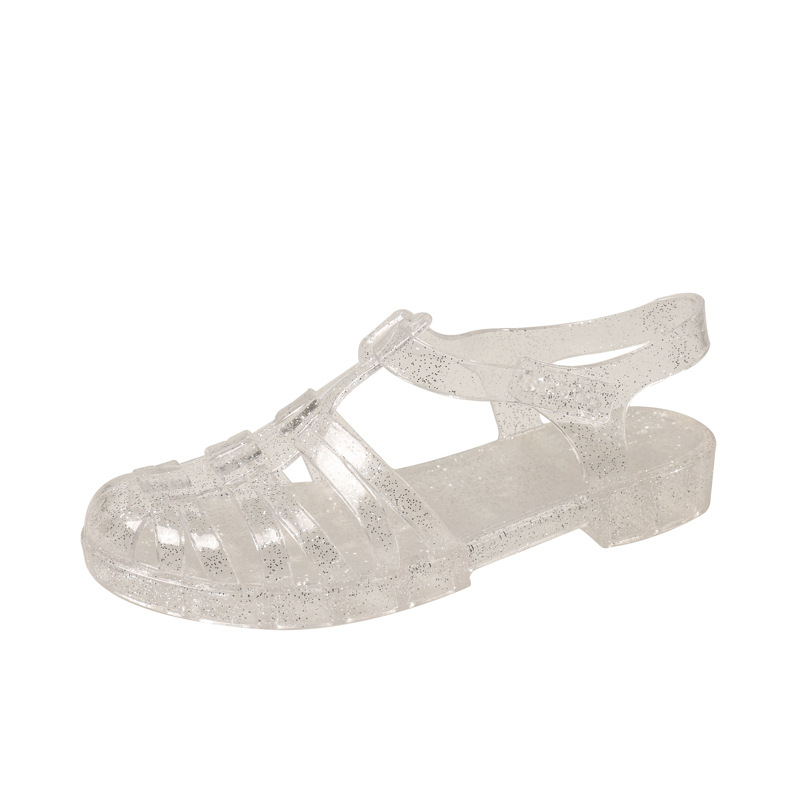 Summer women's Roman sandals, retro flat transparent crystal beach shoes, flat plastic jelly shoes, rainproof shoes