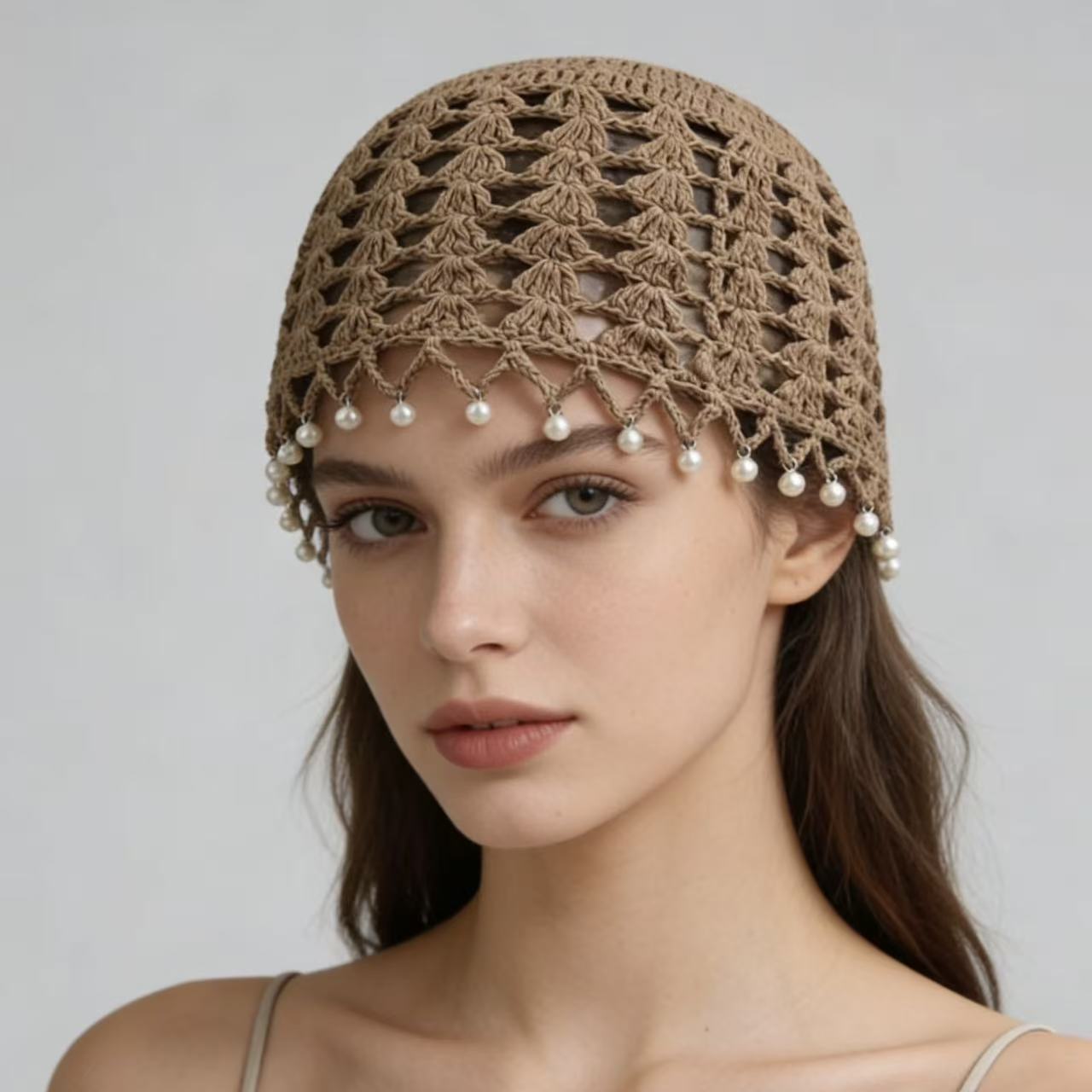 Zhou Keke Ethnic Style Handmade Knitted Hat for Women, Summer Floral Hollow-Out Knitted Hat, Headband, Pearl Tassel Hat