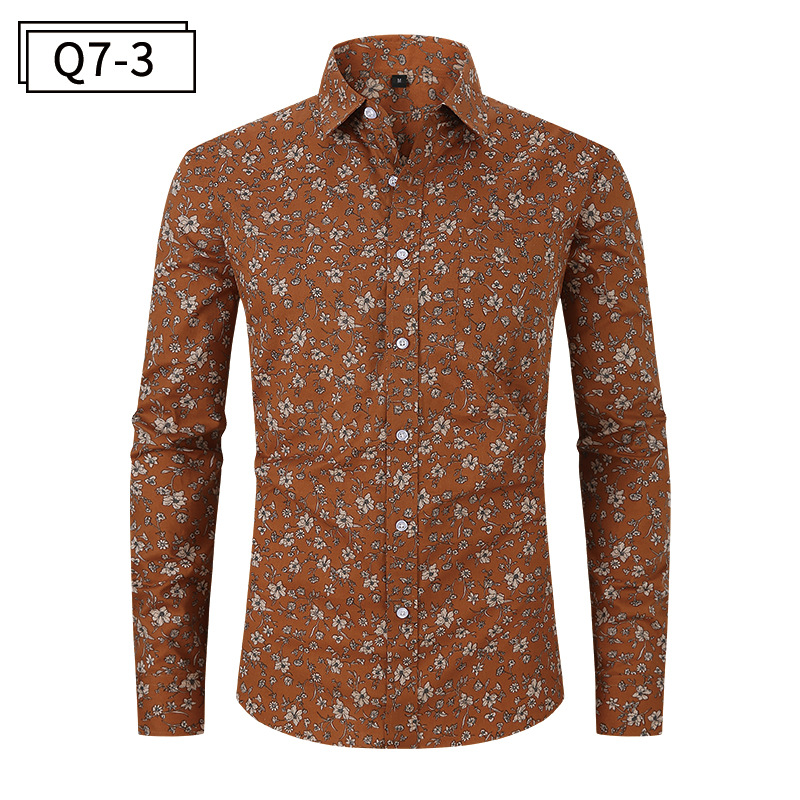 New men's printed export shirt, cross-border lapel, long-sleeved, loose plus-size men's shirt, men's autumn top