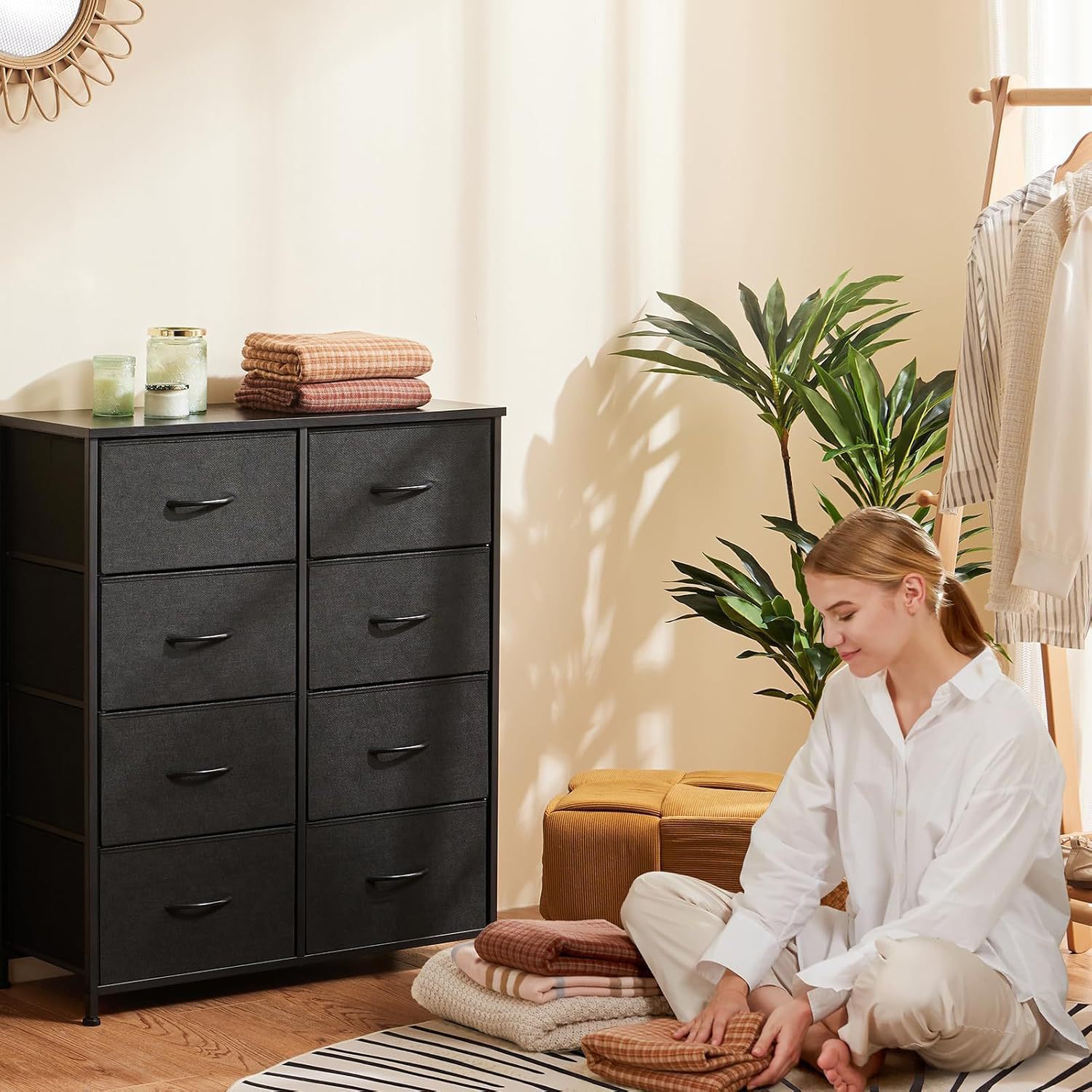 Modern minimalist dark black drawer organizer storage drawer with eight fabric storage towers and steel frame drawer cabinet