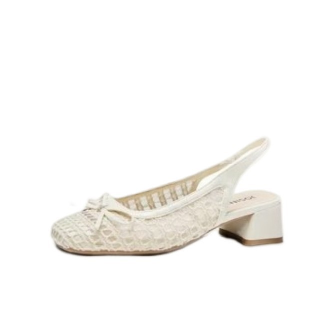 French retro square-toe bow-knot openwork sandals for women, new summer 2026 style, mid-heel, one-strap, closed-toe sandals.