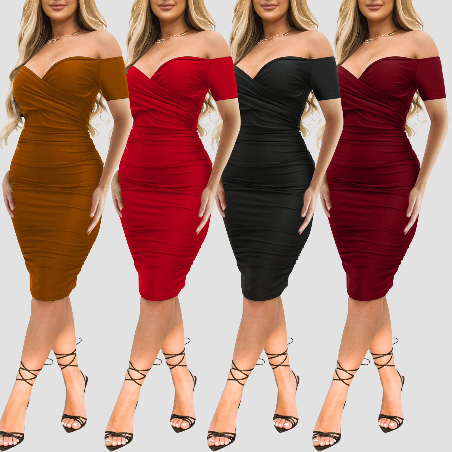 OS6984 Cross-border Summer New Arrivals Amazon European and American Women's Sexy Nightclub Off-Shoulder Short-Sleeve Dress Midi Skirt