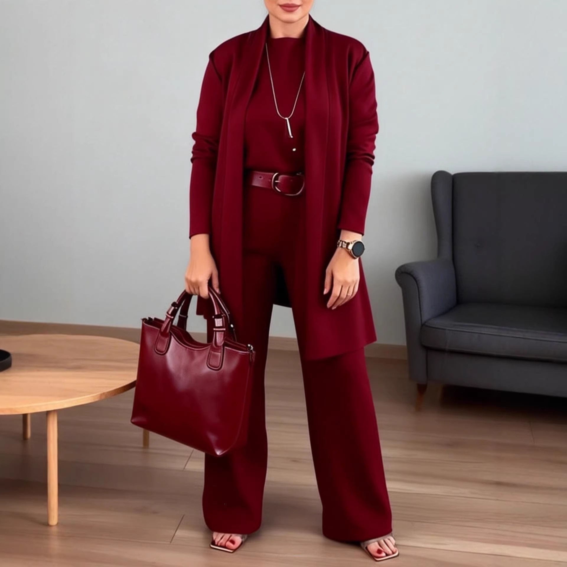 Cross-border Independent Station 2025 European and American Amazon round-neck long-sleeved top, belt, Casual Pants three-piece Autumn women's clothing