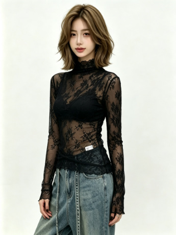 Heavy lace, black ear-trimmed semi-high neck base layer, women's thin high-end mesh cutout layering high-transparency light luxury small shirt