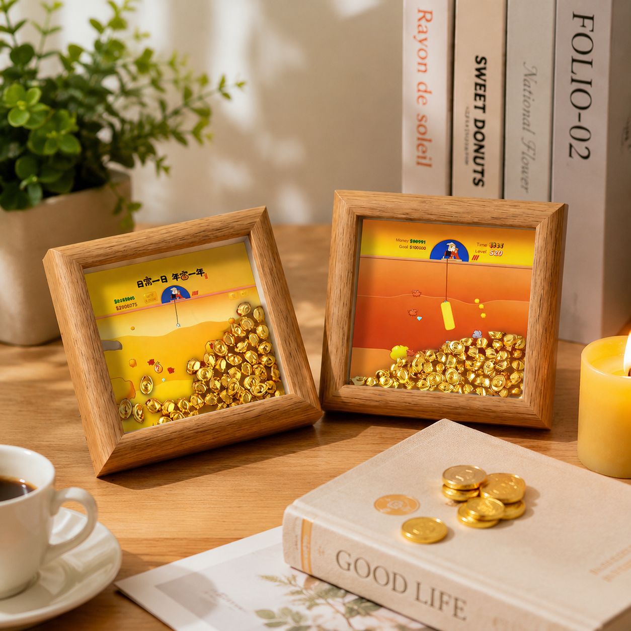 A hollow gold miner-themed solid wood photo frame with gold bean design, symbolizing wealth and good fortune, perfect for an office desktop display.