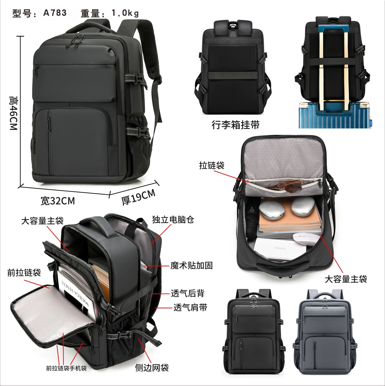 Large capacity casual travel bag for business men, versatile, stylish, multi-functional commuter/student laptop backpack