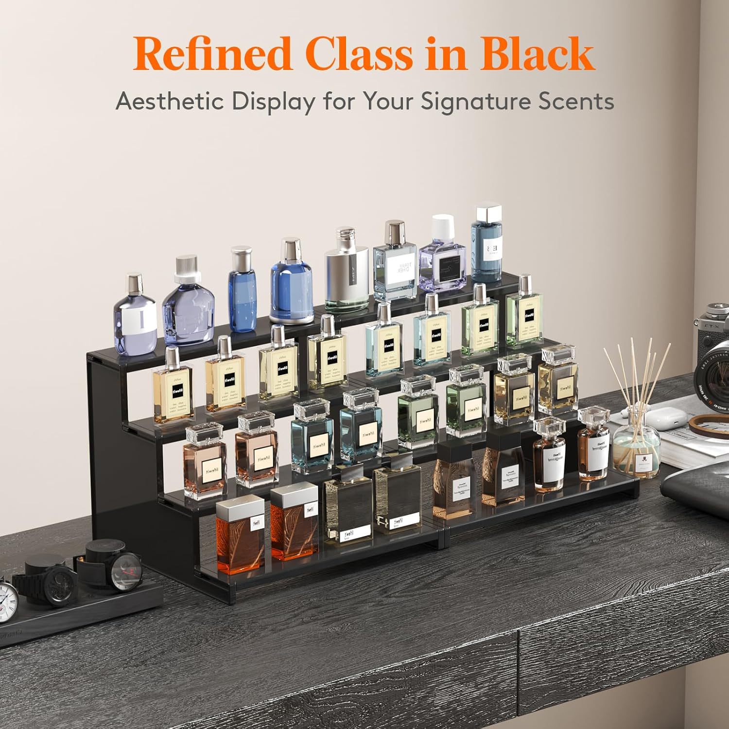 Wholesale acrylic black display racks, acrylic blind box perfume display racks, acrylic tiered display racks