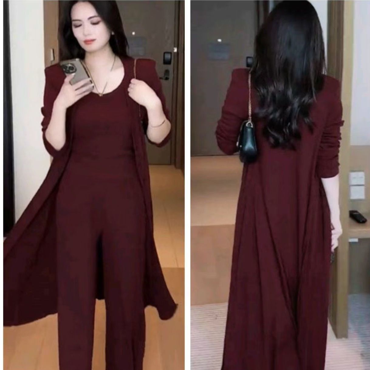Cross-border mid-length cardigan jacket as a base for mom's wear 2026 autumn new stylish and slimming straight-leg pants three-piece set