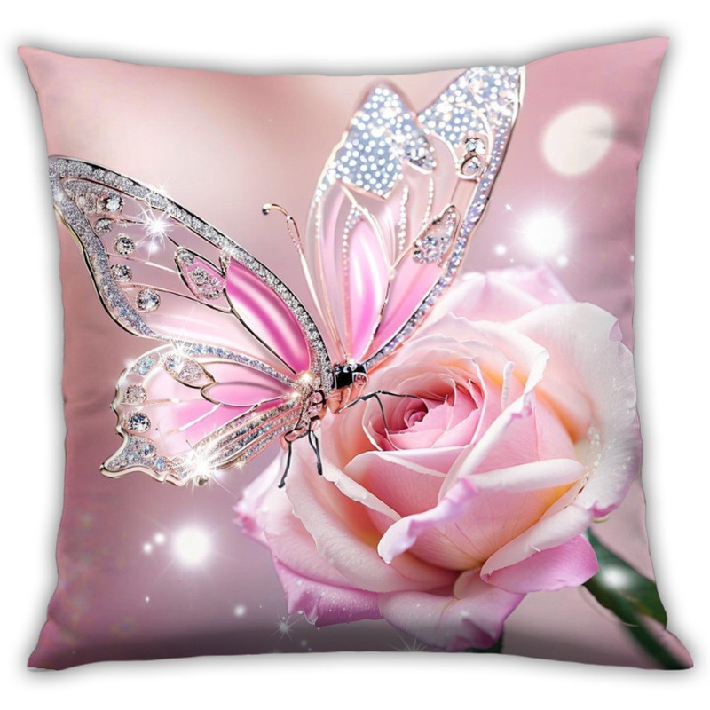 Cross-border pink rose diamond butterfly pillowcase, dreamy flower pillowcase, girlish home decoration sofa pillow cover