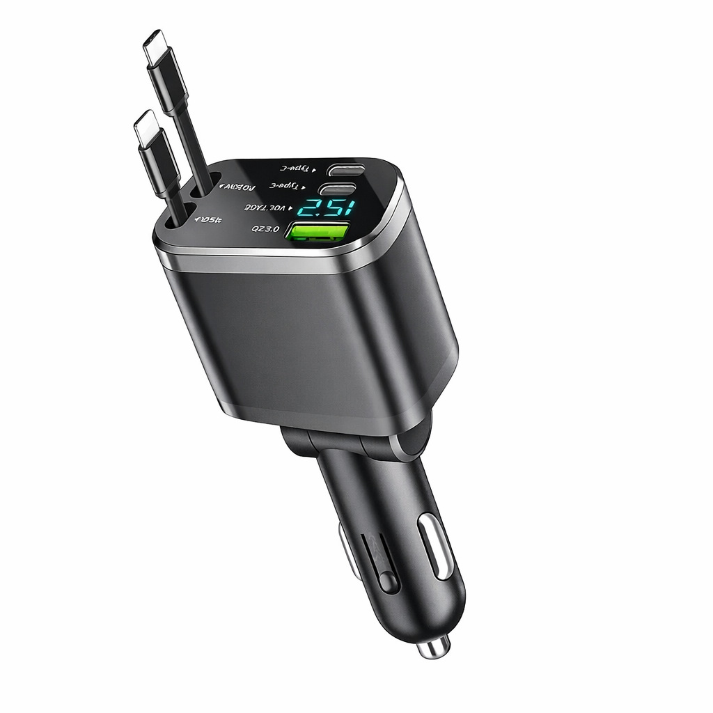 Cross-border car phone charger, 1-to-2 digital display, dual-cable retractable car charger, PD fast charging, compatible with Huawei and Apple.