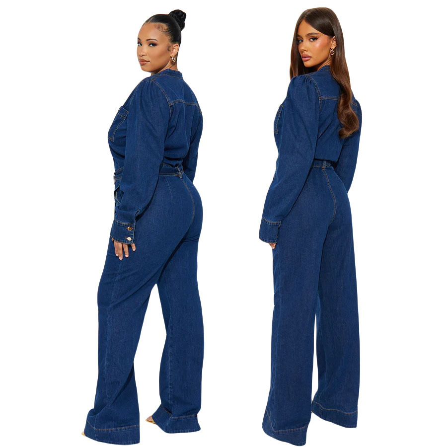 3589 cross-border trade from Europe and America, Amazon, slim-fit, elastic, flared flared, washable long-sleeved denim jumpsuit and jumpsuit
